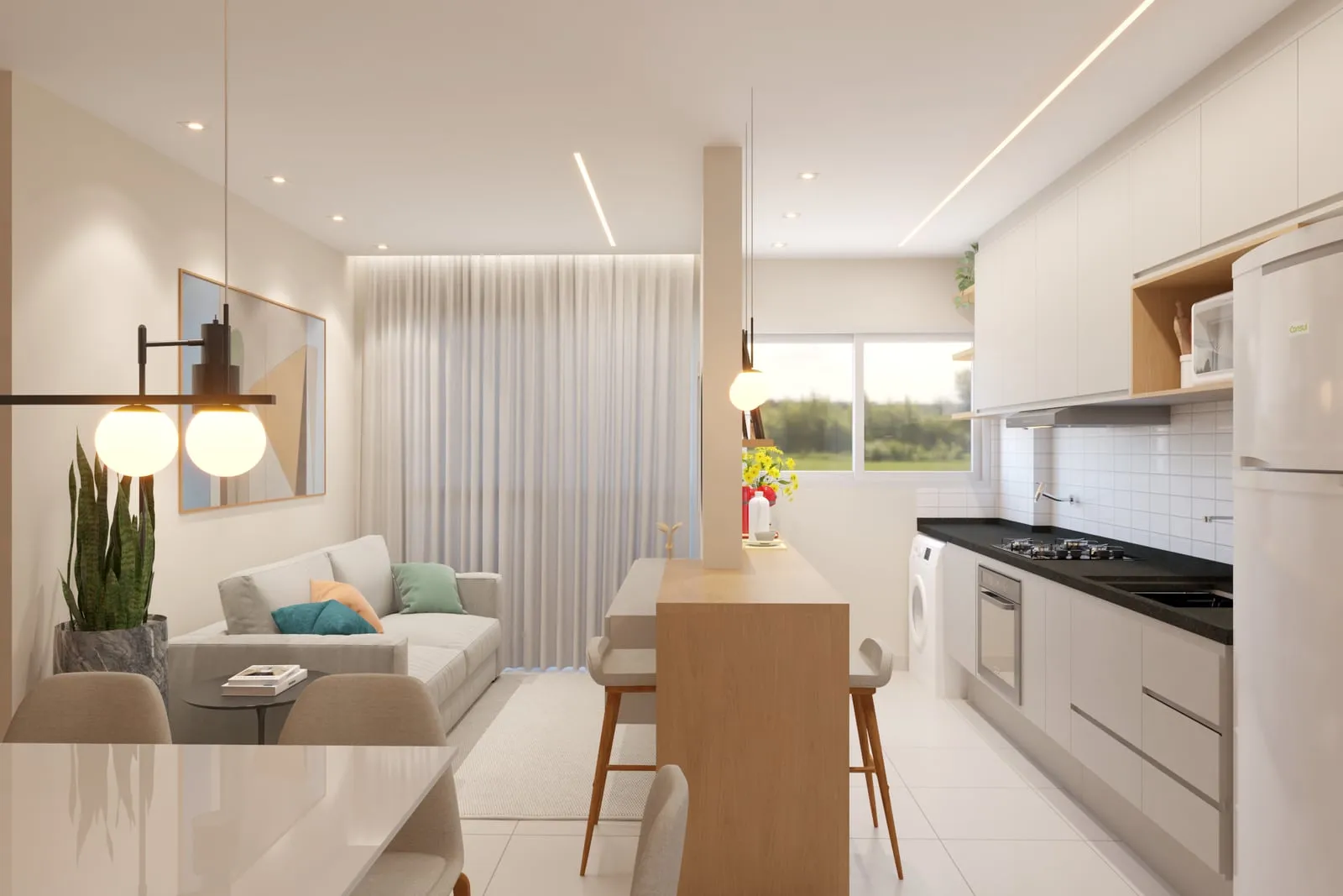Sala e cozinha integradas em tons claros, com bancada em madeira, iluminação linear e sofá cinza.