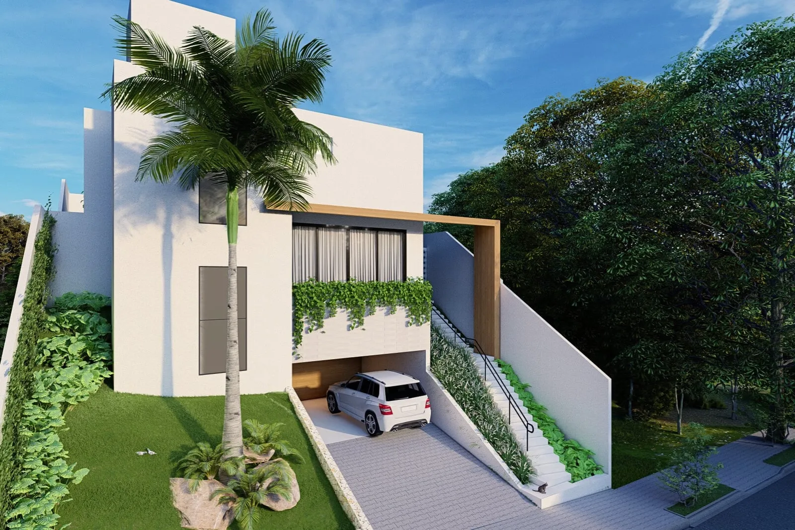 Fachada em volumes brancos com pórtico de madeira, palmeira, jardim em talude e escada lateral de acesso.