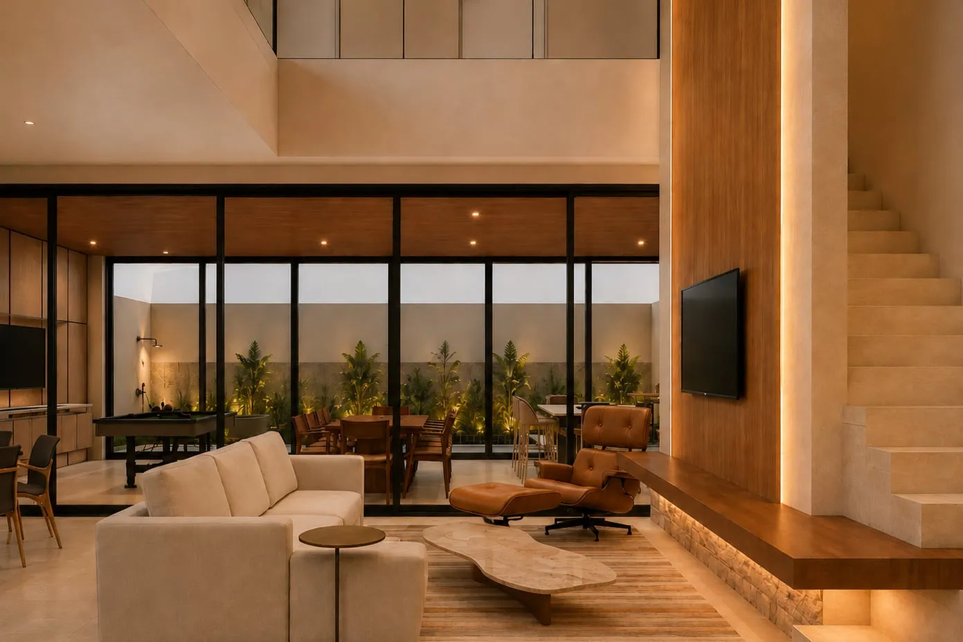 Sala de TV de pé-direito duplo, com painel em madeira, poltrona de couro caramelo e vista para o jardim interno.