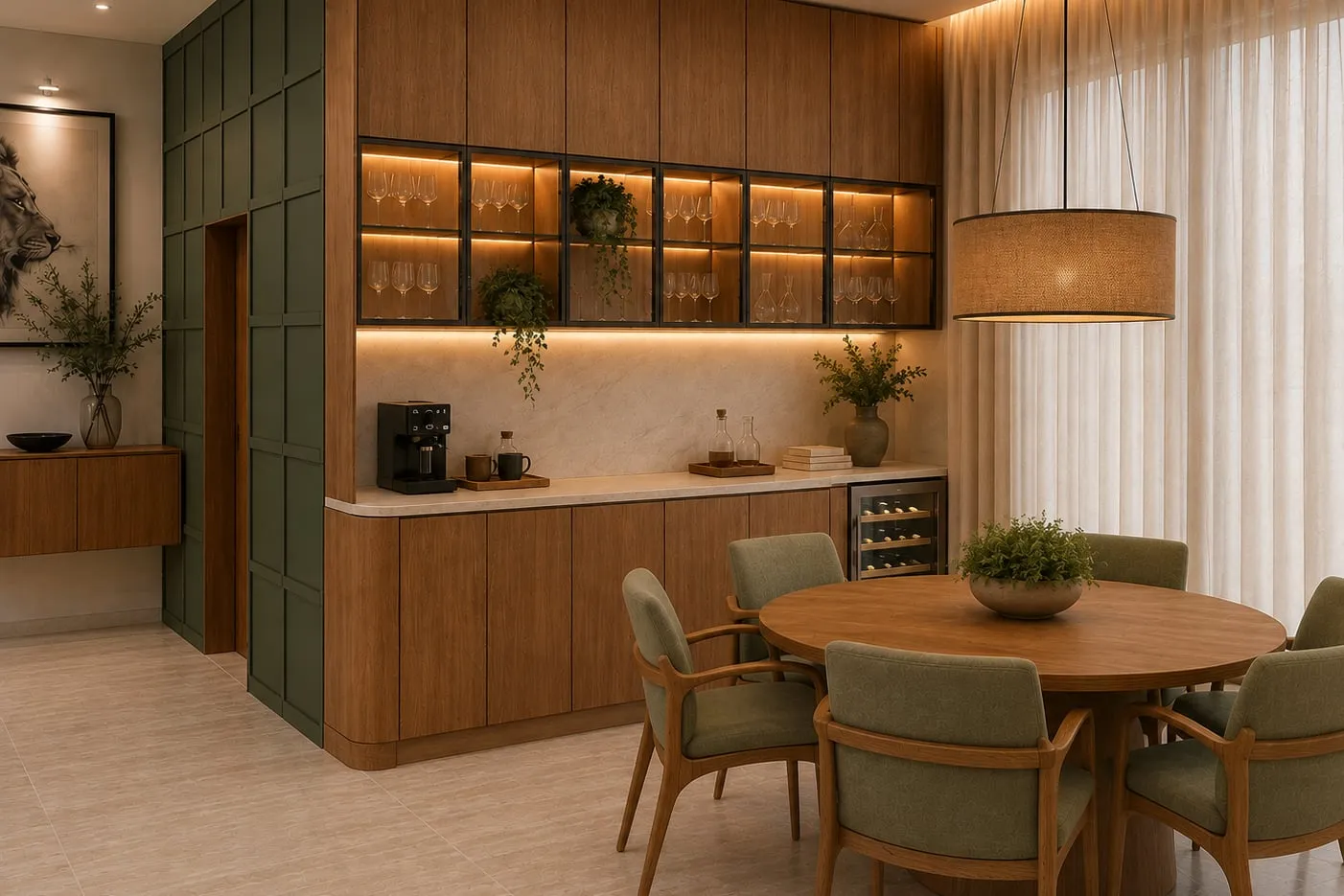 Sala de jantar com marcenaria em madeira, adega iluminada, painel verde e mesa redonda com cadeiras estofadas.