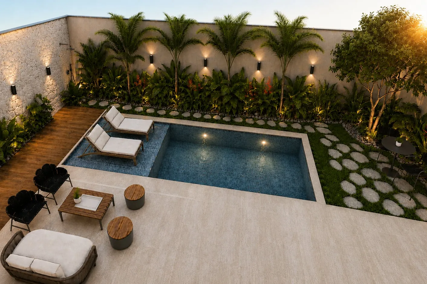 Área da piscina com deque, vegetação e iluminação embutida.